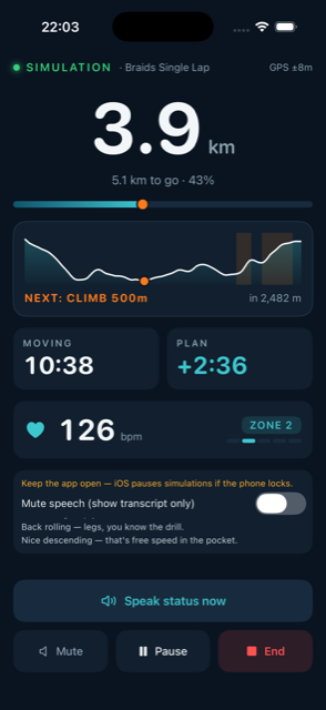 Ride screen: distance, live elevation strip with next climb, heart-rate zone