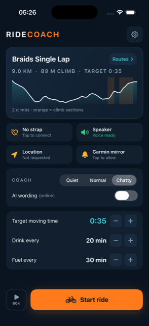 Setup screen: route card with elevation profile, readiness checks and start button