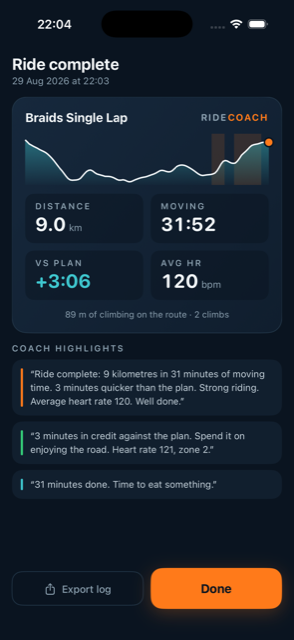 Summary screen: ride card with stats and coach highlights